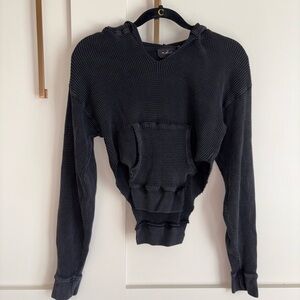 Black Waffle Knit Cropped Hoodie
